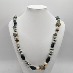 34' Green Tone Stone & Silver Necklace