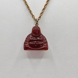 Small Carnelian Or Orange Jade Buddha Pendant & 1/20 12k Gold Filled Chain