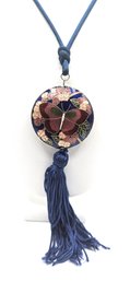 Vintage Cloisonne Butterfly Enamel Pendant & Blue Silk Cord