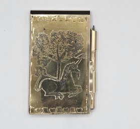 Small Unicorn Brass Note Pad Holder & Pen