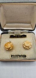 Genuine Carved Ivory Rose & 12 Kt Gold Filled Screw Back Earrings - Original Box