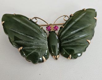 Outstanding 14k Yellow Gold  Carved Jade Butterfly & Ruby Eyes Pin Brooch