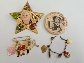 Shirley Temple - Vintage Jewelry Lot - Pin, Mirror, Bracelet