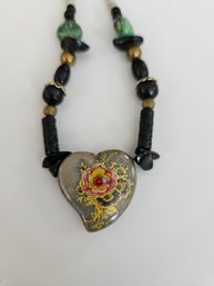 Vintage Beaded Stone Heart 16' Necklace