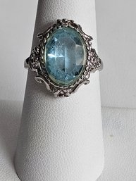 Silver Ring - Large Light Blue Faceted Glass Stone - Size 7