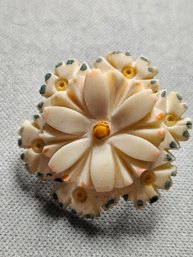 Carved Bone Flower Pin - Colored Accents