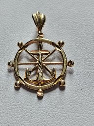 14k Yellow Gold Anchor & Ship's Wheel Pendant Charm - 1.3 Grams