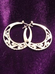 Sterling Silver C Shape Click Top Filigree Pierced Hoop Earrings