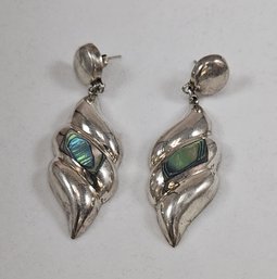 Large Sterling Silver & Abalone Post Dangle Earrings - Mexico