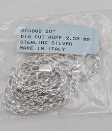 New 20' Sterling Silver 2.55mm Diamond Cut Rope Chain  - Italy