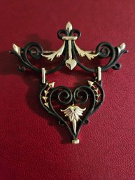 Large Art Nouveau Style Matte Black & Gold Heart Pin