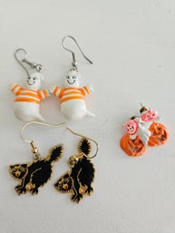 3 Pr. Novelty Halloween Costume Pierced Earrings - Ghost Jack-O-Lantern Scary Cat