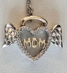 Vintage, Diamond Halo Winged Heart 'Mom' Sterling & 14k Yellow Gold Necklace