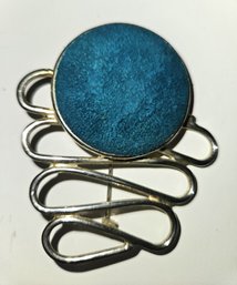 Carol Dauplaise 1980s Modernist Contemporary Blue Suede & Silver Pin Brooch