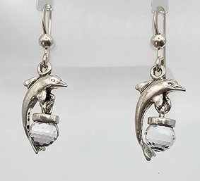 Adorable Sterling Silver & Crystal Dolphin Pierced Earrings