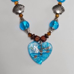 Blue Glass & Wood Bead  Murano Lampwork Style Heart Necklace