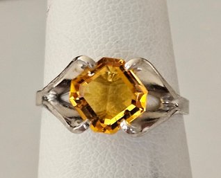 Bright Golden Honey Colored Rhinestone Sterling Ring Size 4.75