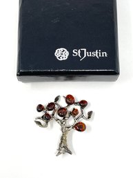 St. Justin Pewter & Amber Tree Of Life Pin Brooch In Original Box