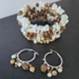 Vintage Mother Of Pearl & Tigers Eye & Bronxite Bracelet Pierced Earrings Set