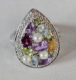 Tear Drop Multi Gemstone Sterling Silver Ring - Size 6