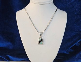 Teme' Southwestern Sterling Silver Inlay Pendant & Sterling Silver 22' Chain