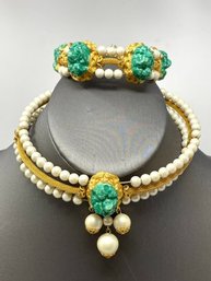 Fashion Jewelry Choker Necklace And Bracelet - Faux Pearl & Carved Green Insets