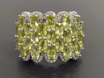 Vintage Sterling Silver Peridot & White Topaz Cocktail Ring - Size 8.25