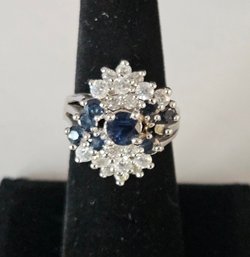 Vintage Dark Blue Topaz & CZ Sterling Cocktail Ring - Size 5 3/4