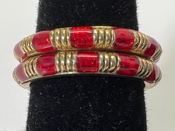 10kt Yellow Gold - 2 Stacking Rings - Red Enamel - Size 9