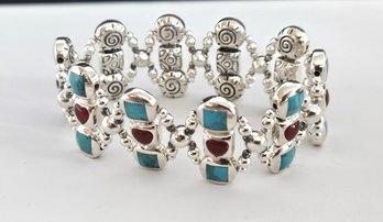 Turquoise Howlite & Red Agate 925 Sterling Silver Bracelet