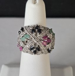 Sterling Silver Multi Gem Sapphire Amethyst Topaz Cocktail Ring