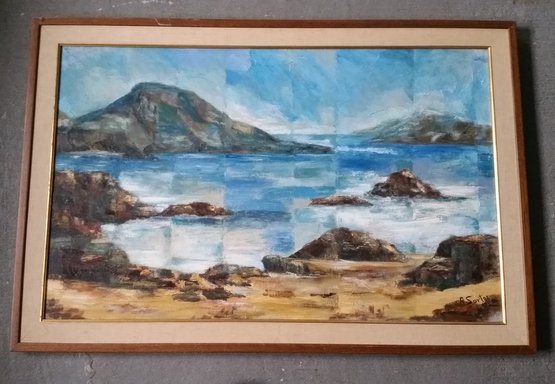 Remote Coastal Seascape Painting, Abstract Oil Painting, A. Sortor, 42 Inch