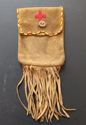 Native American Suede Medicine Pouch, Bead Decorated & Fringe, Button Closure 6'