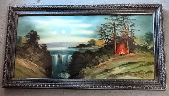 Vintage Oil Painting, 'Campfire By Waterfall', In Arts & Crafts 1930s Frame 31x 17'