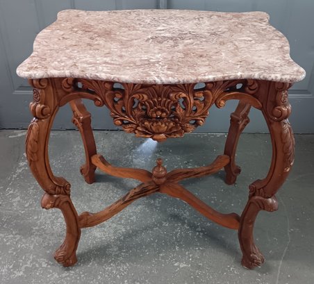 Carved French Luis XV Style Side Table W/ Rouge Marble Top