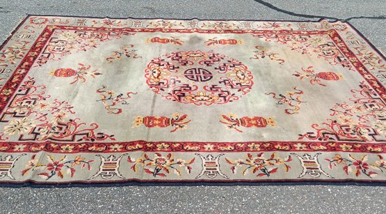 100 Wool Rug, Vintage Center Medalion Oriental Style Rug,  Made In Belgium,  10 By 8  Needs Cleaning