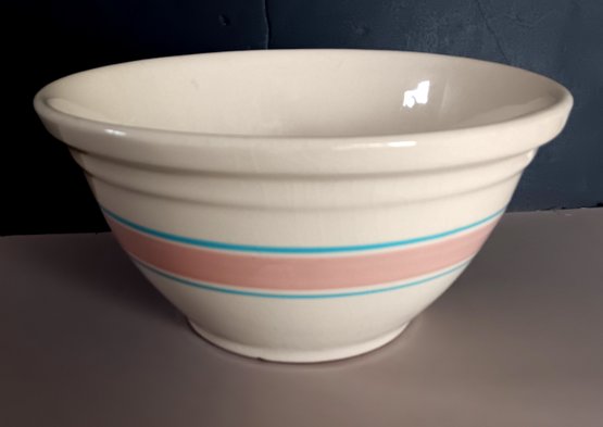 Vintage Large McCoy 12' Pottery Mixing Bowl With Blue And Pink Stripes,  Ovenware USA,
