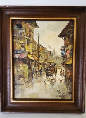 Original Abstract Painting Of Mid-Century Market Street,  Frame - 12 By 15 Inch