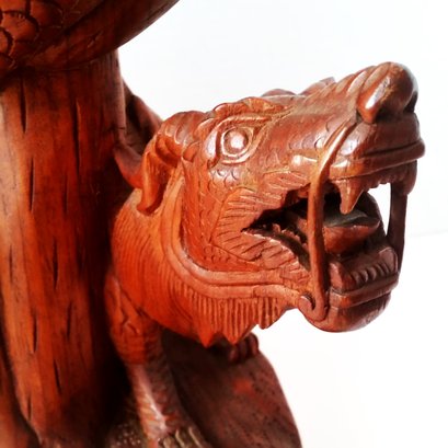 Vintage Hand Carved Wooden Table Lamp, Dragon Motif, Good Detail, Lamp Works