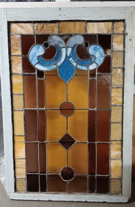 Antique Leaded Stained Glass Window, American Arts & Crafts Design Circa 1920, 3 Panes W/ Fractures, 49x33'