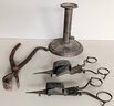 Antique Lighting Lot: 2 Footed Wick Cutters, Push-up Candlestick, Wrought Nippers