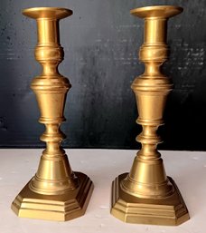 Antique Brass Pair Of Push Up Adjustable Taper Candle Stick Holders