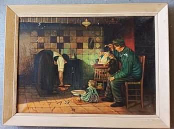 Antique Oil Painting, Family At Kitchen Hearth, Framed 24x 32', Attic Find - Punctures, Scratch