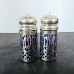 Silver Plated Salt & Pepper Shakers W/Cobalt Blue Glass Inserts