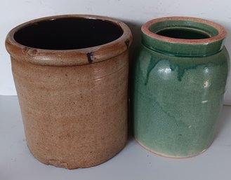 Pair Vintage Stoneware Crocks - Natural & Green Drip Glaze