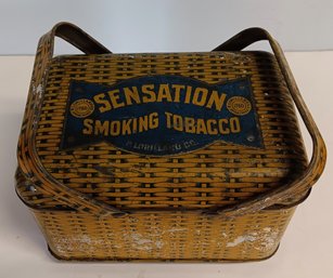 Antique Tobacco Tin, 'Sensation' Swing Handled Tin Lithograph Container, 5x 5x 8' High