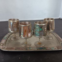 Vintage Mexican Abalone Cordial Shot Glasses And Tray