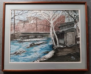 1974 Watercolor Painting Of Old Creek Side Cabin, Time & Tide Passing, Framed 28x 35 Inch, Signed