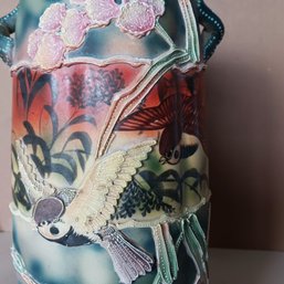 Antique Nippon Asian Handled Footed Moriage Decorated Birds Flowers Vase, 13' Previously Used As A Lamp