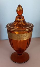 Vintage Amber Glass Compote With Lid, Pedestal Bowl, Some Gold Loss